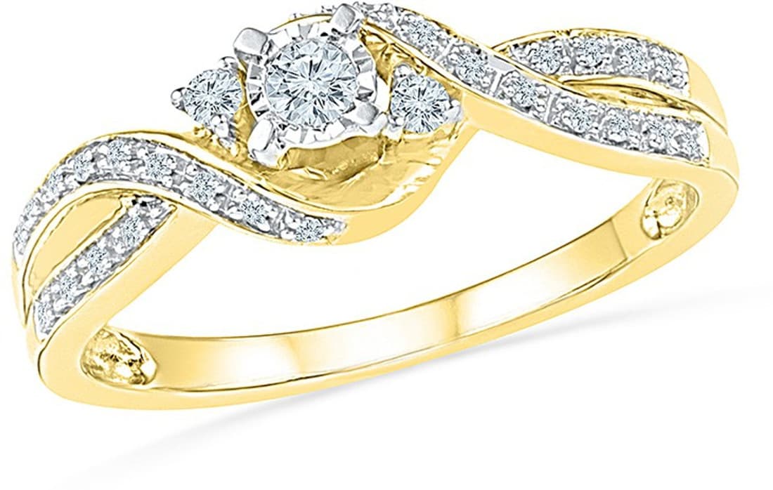 Radiant Bay Striking Three Stone Yellow Gold Diamond 14 K Ring