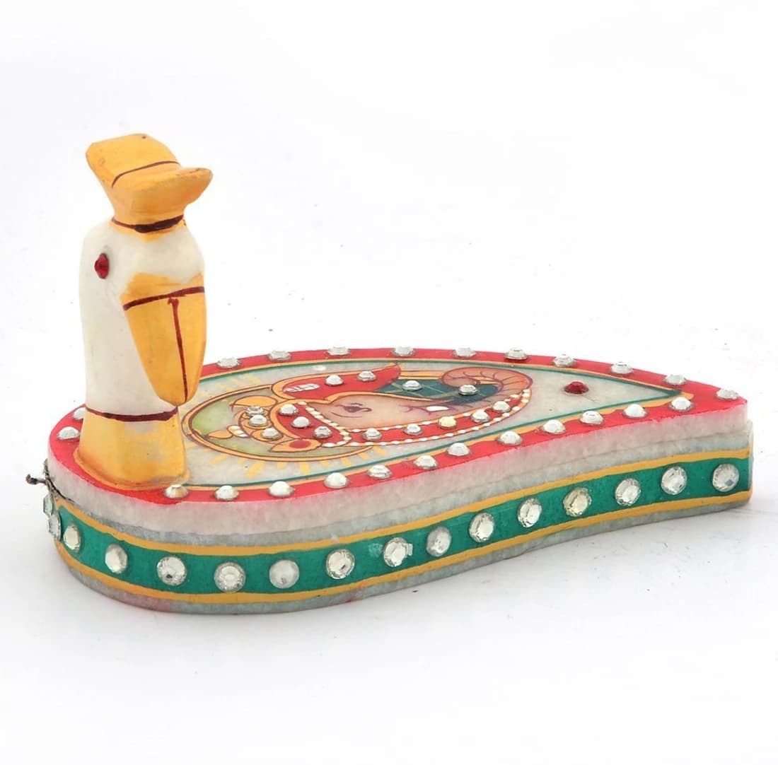 Desert Eshop Kundan Work Marble Peacock Roli Sindoor Vas 279 Showpiece - 11 cm