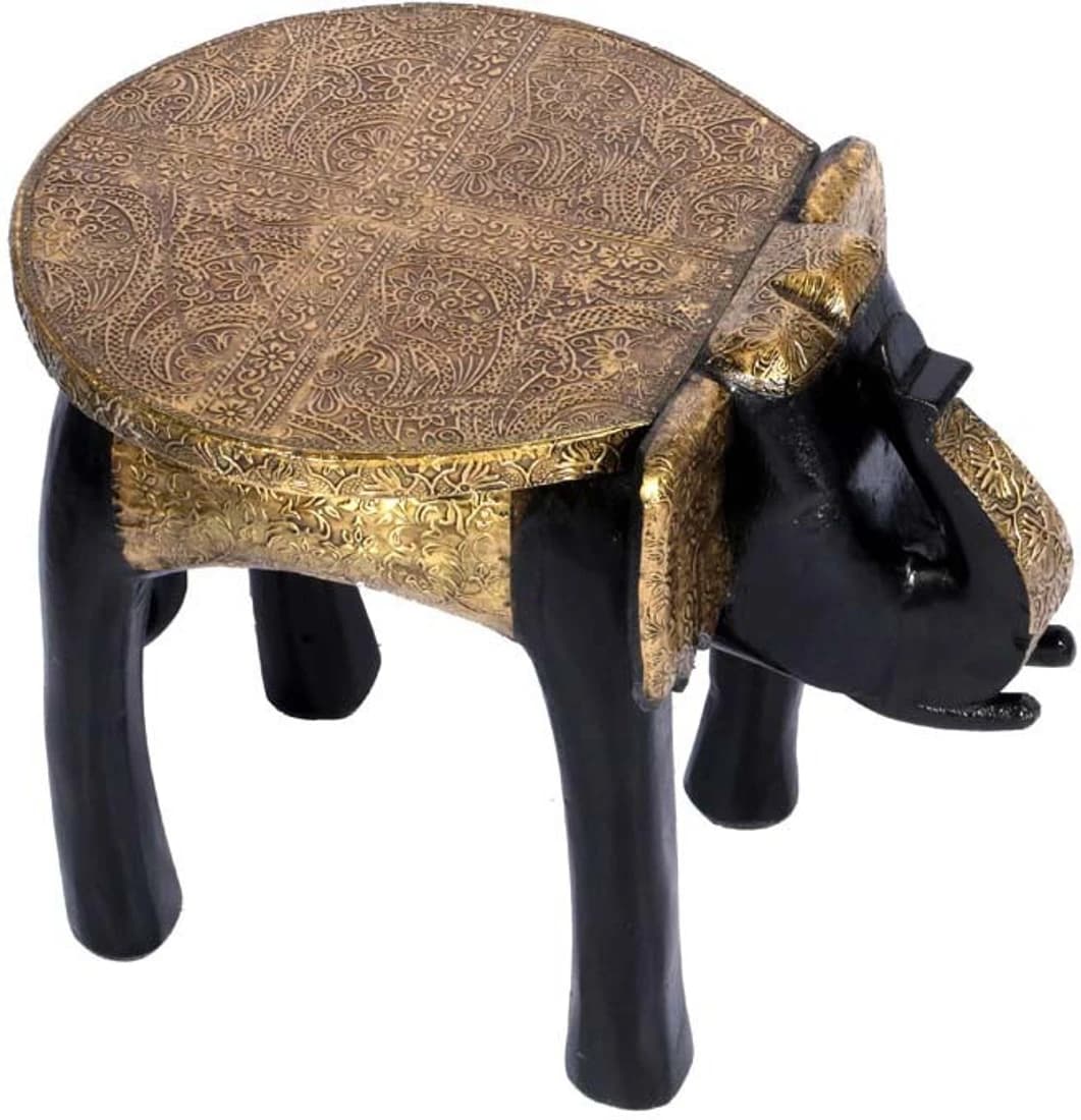 Surface 180 Wooden Elephant Shape Stool With Metal Fitting Showpiece - 34.02 cm