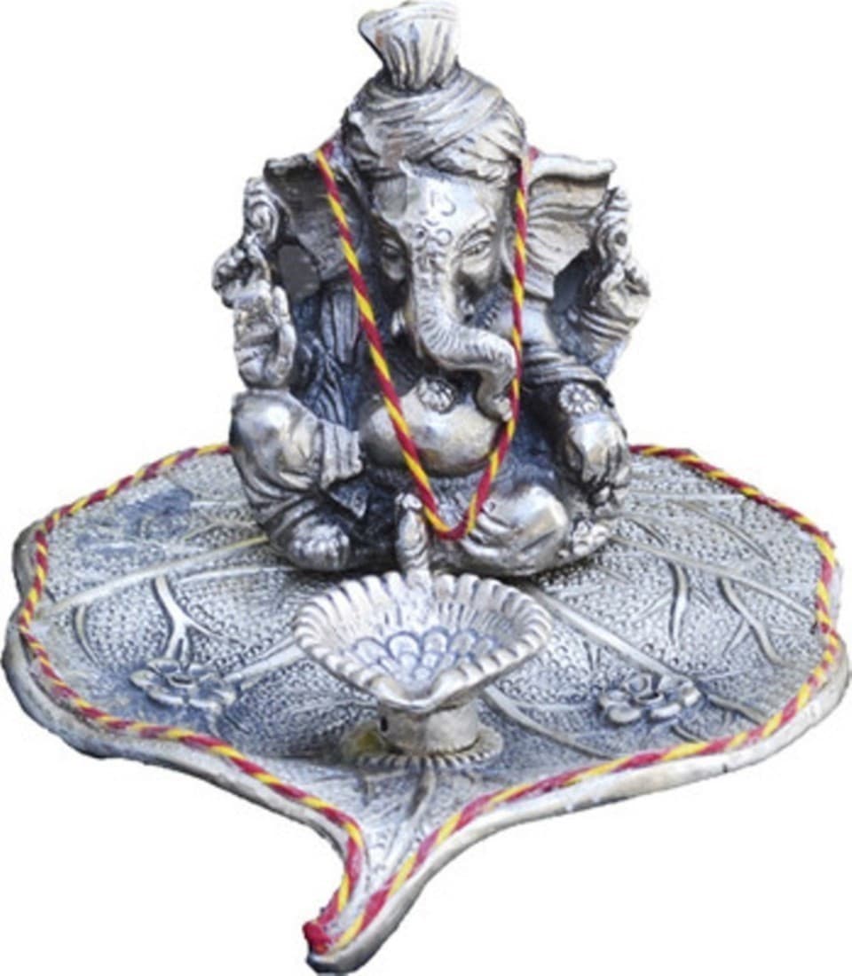 Bharatcraft Lord Ganesha with Diya on Leaf Showpiece - 10.16 cm