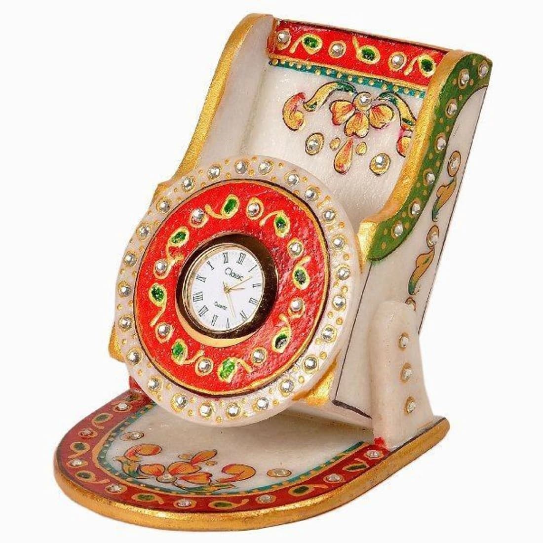 Shoppingtara Kundan Meenakari Marble Mobile Stand With Clock Showpiece - 8 cm