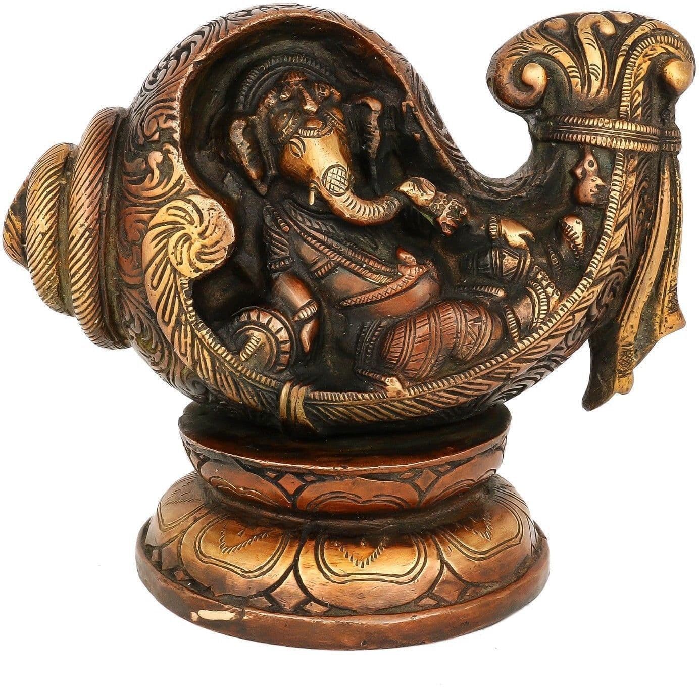 Collectible India Relaxing Conch Ganesha Brass Idol - Antique Finish Statue Showpiece - 17.5 cm