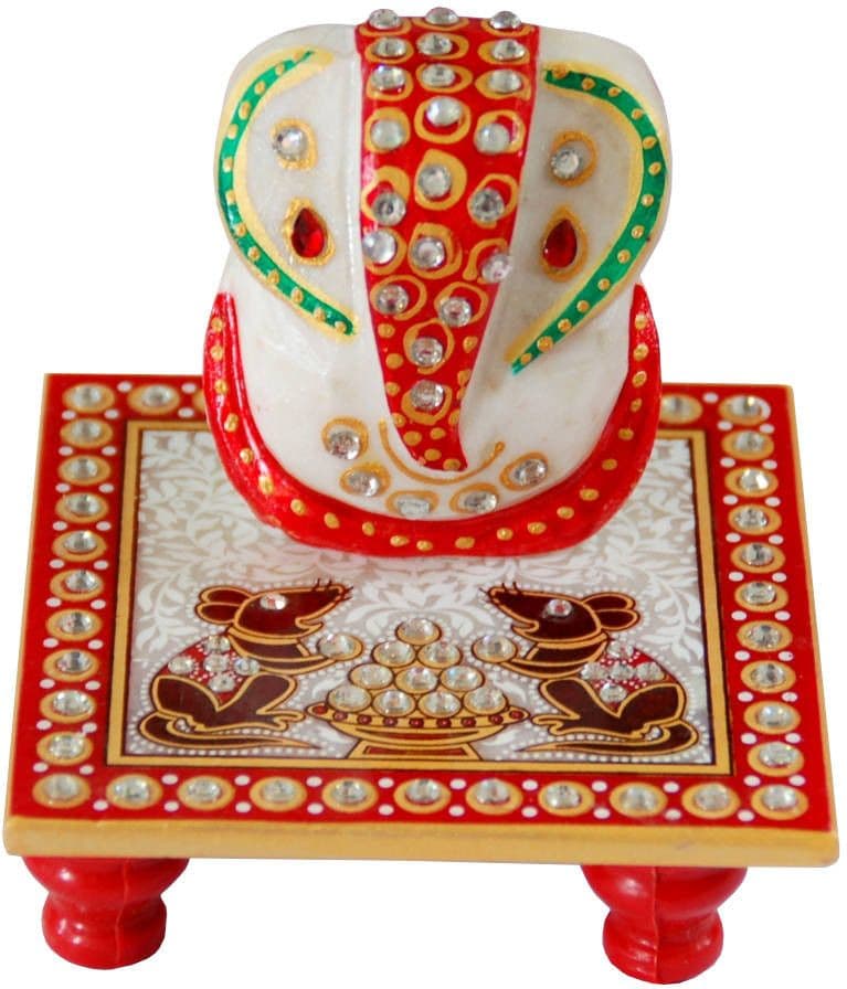 Villcart Marble Ganesha with Chowki and Mouse Painting Showpiece - 10 cm