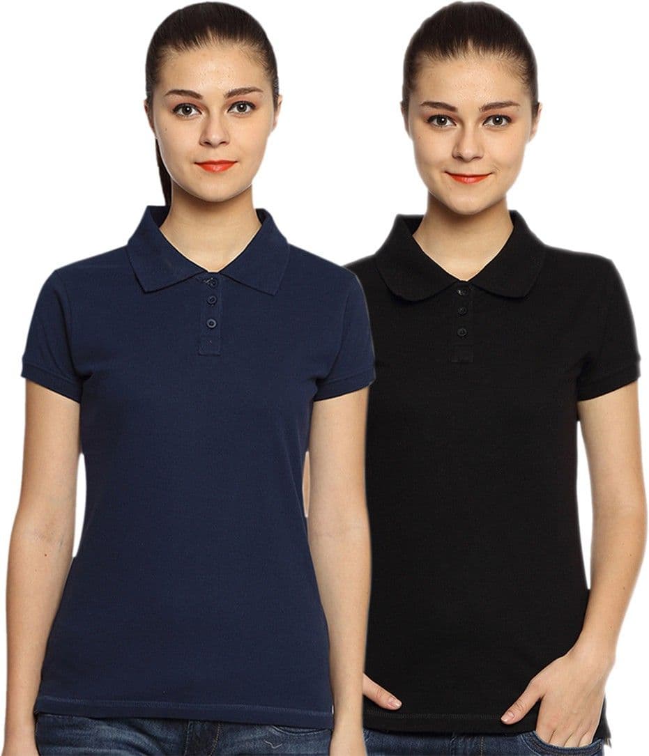 Go India Store Solid Women's Polo Neck Black, Dark Blue T-Shirt