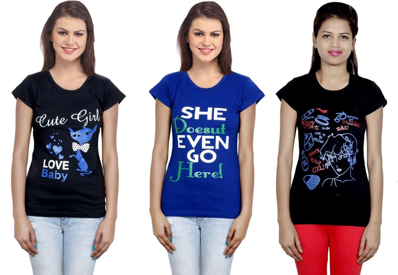 IndiWeaves Printed Women's Round Neck Multicolor T-Shirt